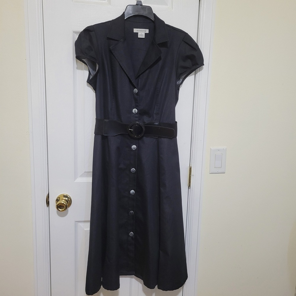Liz Claiborne Black Button Front Belted Shirt Dress Short Puff Sleeve Midi Sz‎ 8